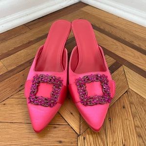 Never Been Worn Pink Bejeweled Satin Kitten Heel Mules